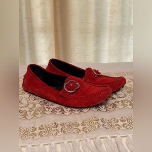 Gucci Red Suede Sachalin Sport loafers with Silver branded Buckle Size 37(6.5)